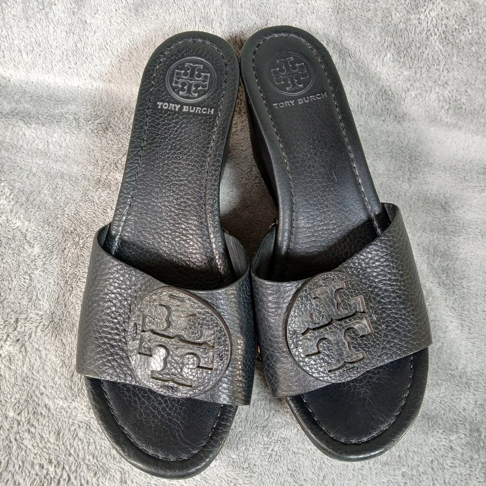 Tory Burch Wedge Sandals Womens 8M Miller Studded Clog Black Pebbled Leather